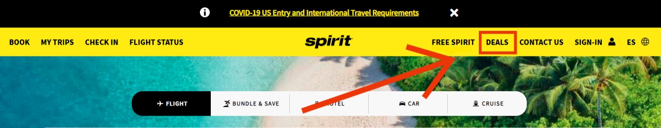 página de inicio de Spirit Airlines