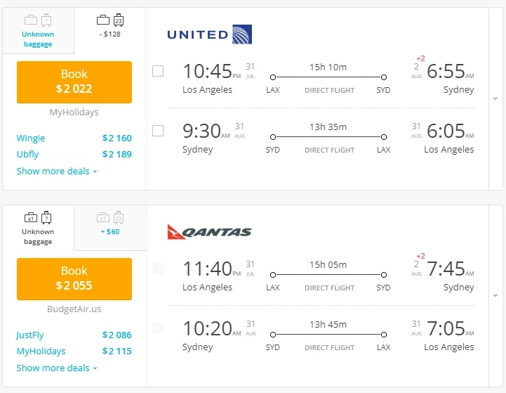 Direct flights from Los Angeles to Sydney