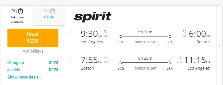 Direct Flights from Los Angeles(LAX) to Boston(BOS)
