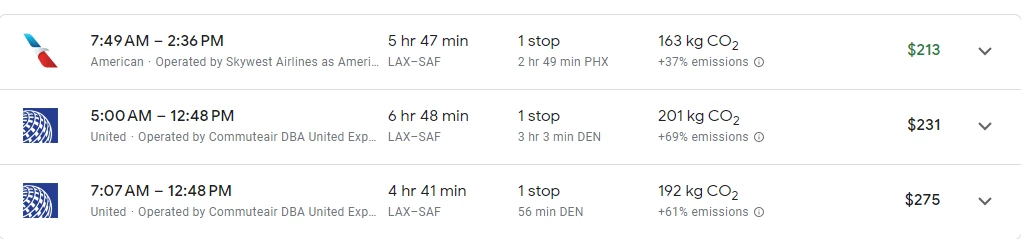 Oneway Flights from Los Angeles(LAX) to Santa Fe(SAF)
