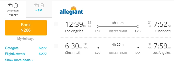 Direct Flights from Los Angeles(LAX) to Cincinnati(CVG)
