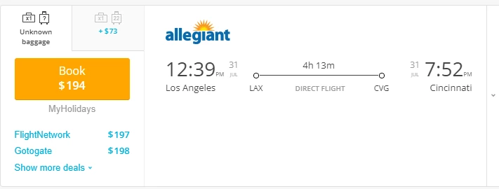 Oneway Flights from Los Angeles to Cincinnati