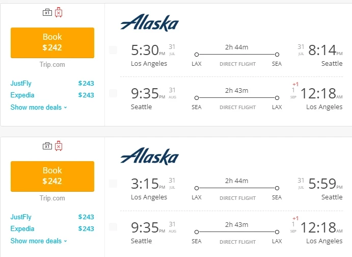 Direct Flights from Los Angeles(LAX) to Seattle(SEA)
