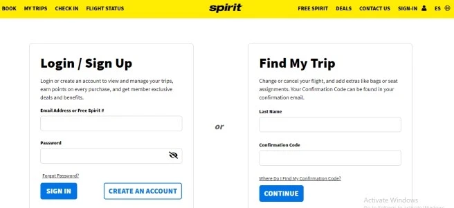 Spirit Airlines login and sign up and manage trip tab