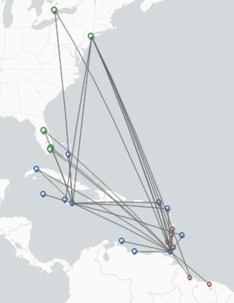Caribbean Airlines route map